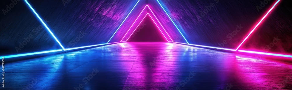 Poster futuristic neon glowing lights in purple and blue triangle shape stage design with lasers for a sci 