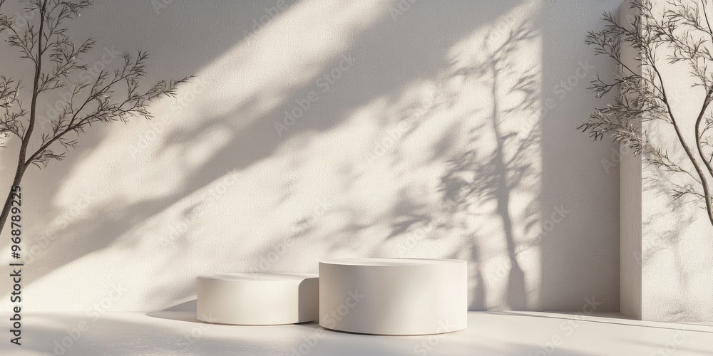 Poster Minimalist 3D display podiums set against a neutral background featuring shadow effects from trees Realistic rendering for product showcasing in an interior setting