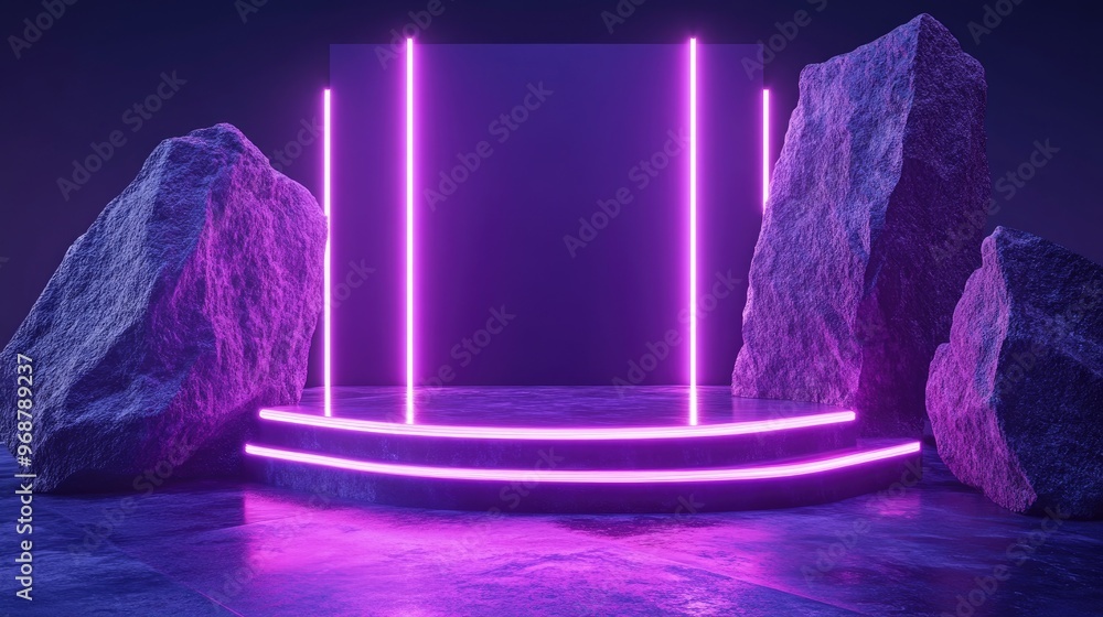 Aufkleber Abstract neon background featuring illuminated geometric shapes natural stone elements and a 3D podium render An empty showcase platform designed for presentations and advertising of technology pr