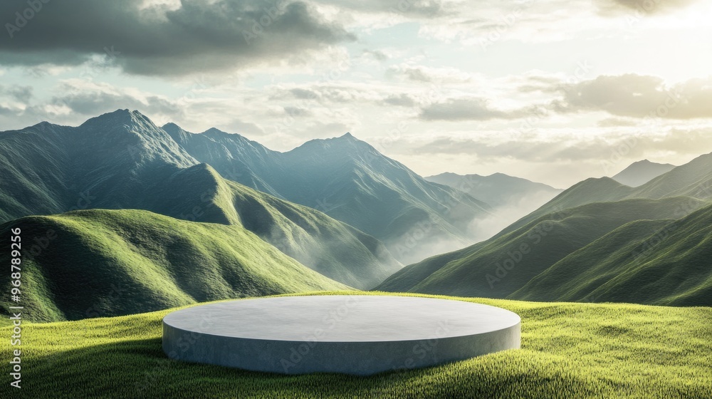 Poster abstract natural landscape featuring a podium for product presentation set against a grassy mountain
