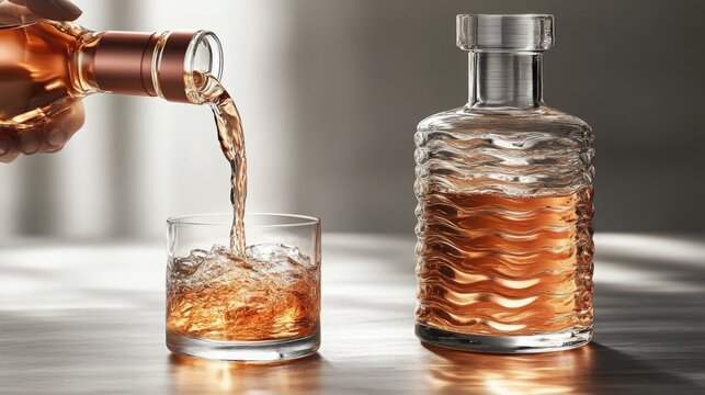 An elegant decanter pours a refined drink into a glass, highlighting its rich color and texture