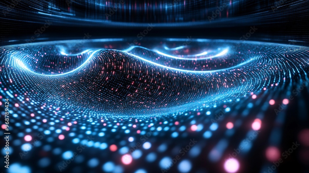 Aufkleber Quantum computing abstract with glowing qubits and dynamic particle waves representing advanced science and high-tech computing Large space for text in center Stock photo with copy space