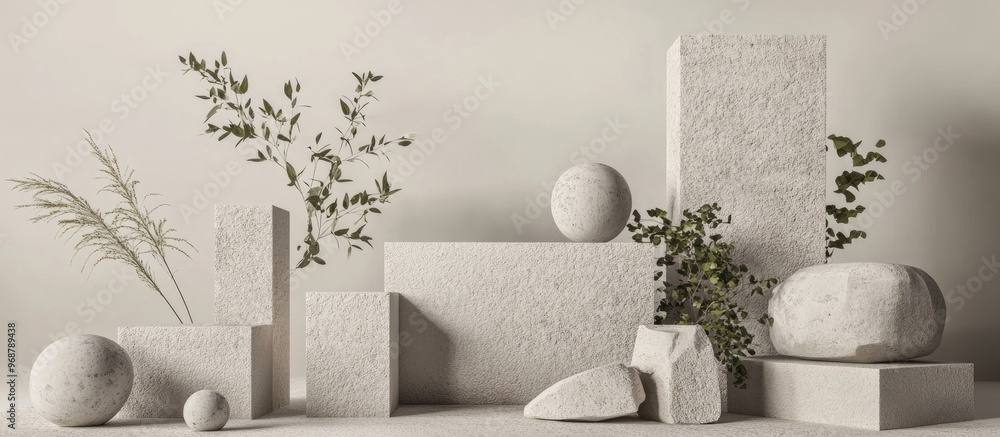 Aufkleber Stone debris and geometric blocks arrangement for product presentation 3D rendering object display concept backdrop