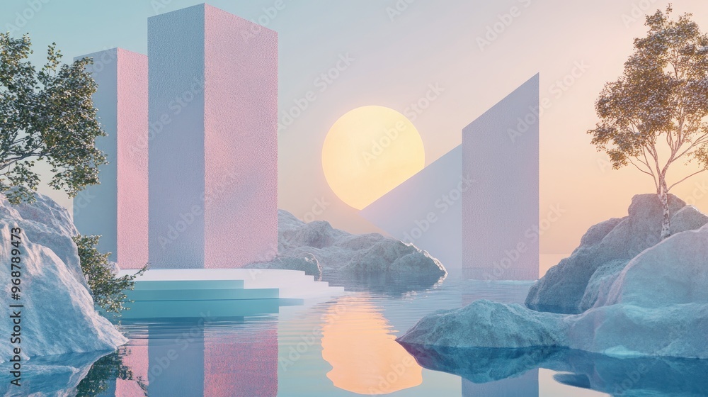 Poster Geometric plane composition with 3D rendering of the environment