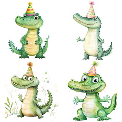 Whimsical Crocodile Illustrations in Watercolor Isolated on Transparent Background, Perfect for Children’s Books and Decor