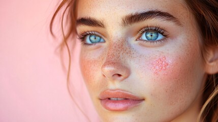 Closeup Portrait of Woman with Red Skin Rash and Freckles