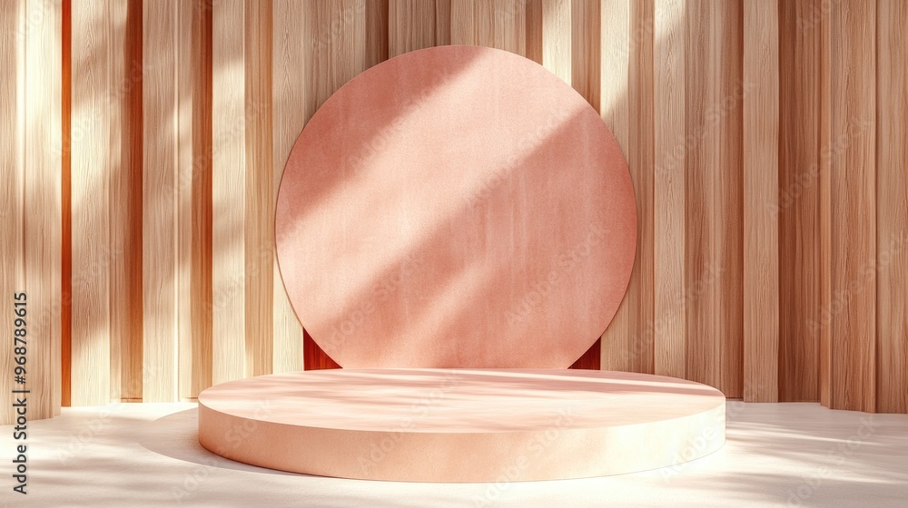 Poster pastel colored booth podium in a circular stage display with a table background template featuring a