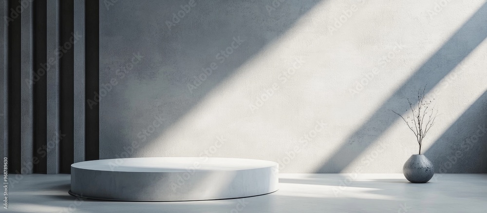 Poster Abstract minimalistic geometry podium in a light interior with object placement featuring a gray background 3D rendering