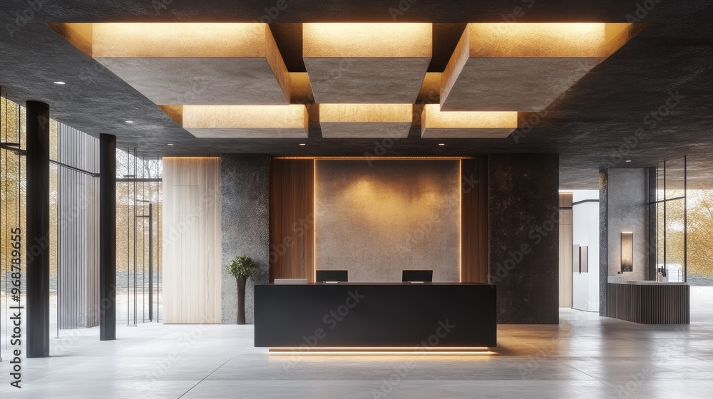 Poster modern grunge inspired interior featuring abstract ceiling lights a square podium and a mock up disp
