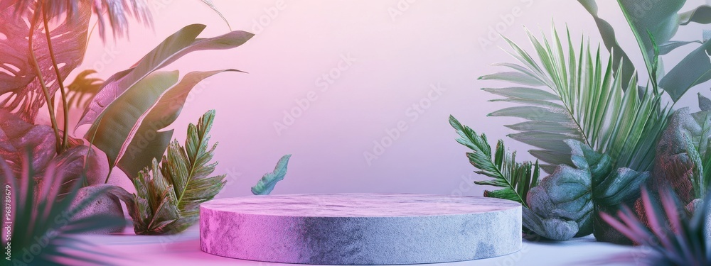 Poster stone display podium featuring natural leaves on a white background 3d rendering