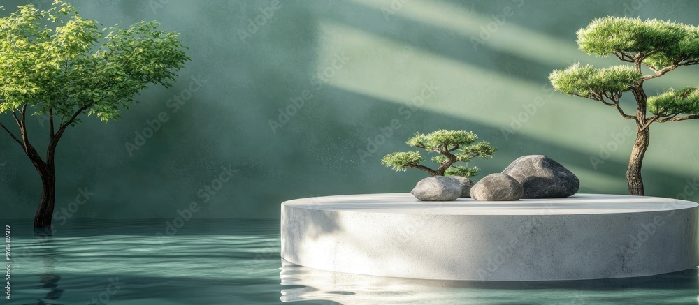 Poster cylindrical concrete podium for product display on rippled water featuring a sea green background ad