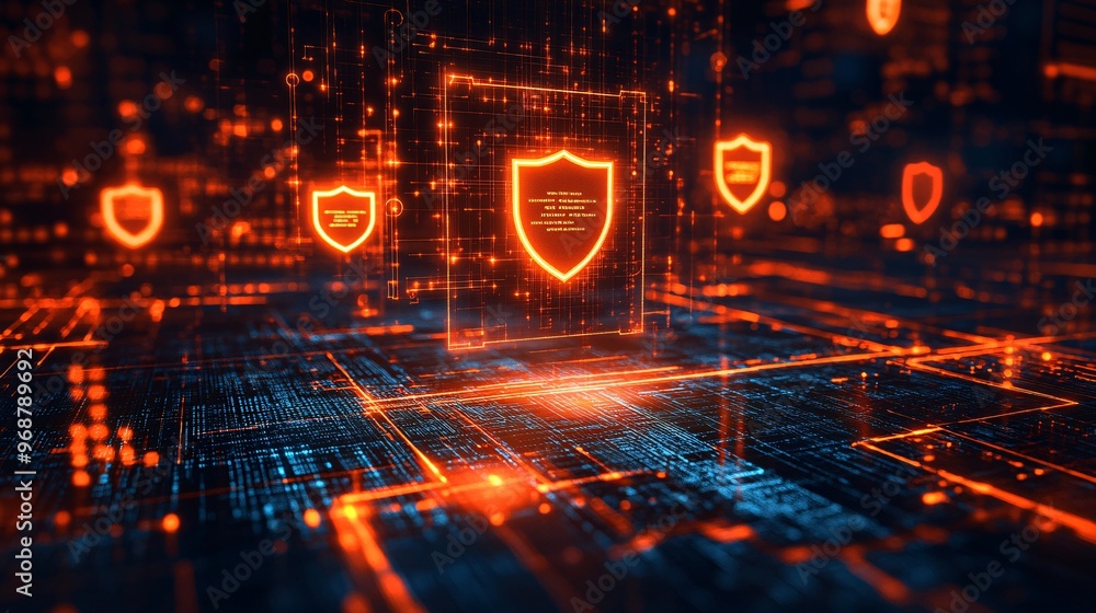 Aufkleber Cybersecurity-themed digital matrix with encrypted code and shield icons floating in a futuristic environment representing data safety Large space for text in center Stock photo with copy space