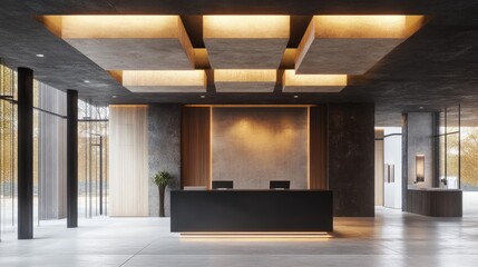 Modern grunge inspired interior featuring abstract ceiling lights a square podium and a mock up display Exhibition concept 3D Rendering