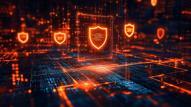 Cybersecurity-themed digital matrix with encrypted code and shield icons floating in a futuristic environment representing data safety Large space for text in center Stock photo with copy space