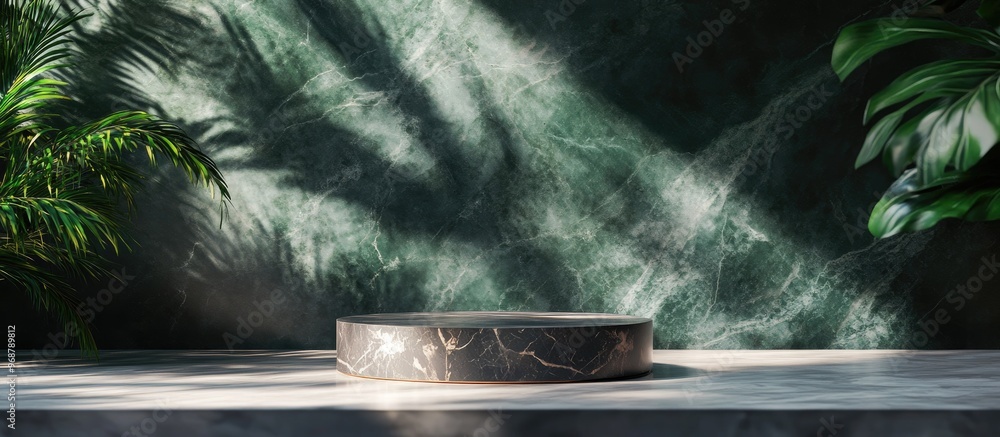 Aufkleber product showcase pedestal featuring a marble backdrop and shadowy foliage 3d rendering of the podium