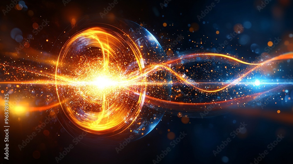 Fototapete Flowing energy lines and particles creating an abstract representation of quantum computing in a futuristic high-tech landscape Large space for text in center Stock photo with copy space