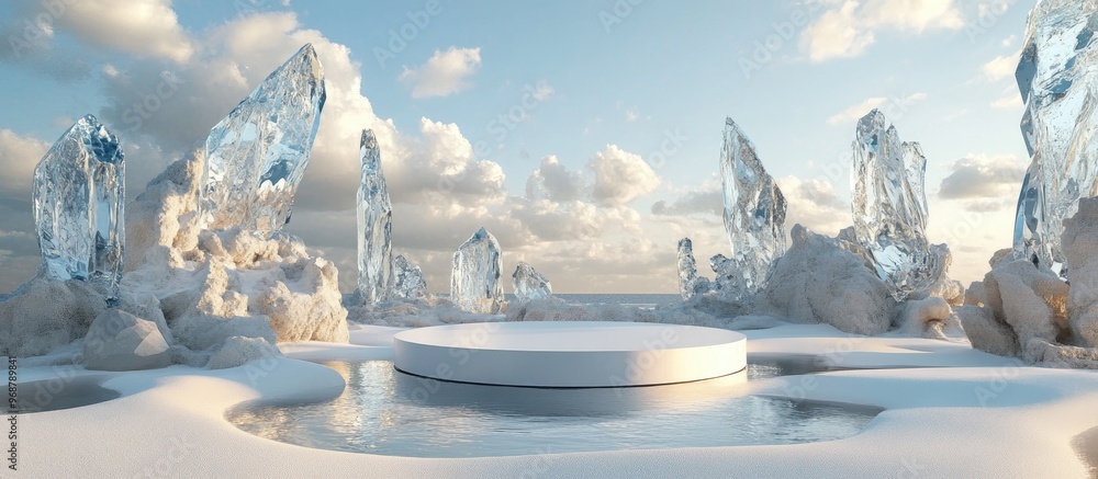 Aufkleber surreal 3d rendering of a landscape featuring a round podium on water and white sand set against a b
