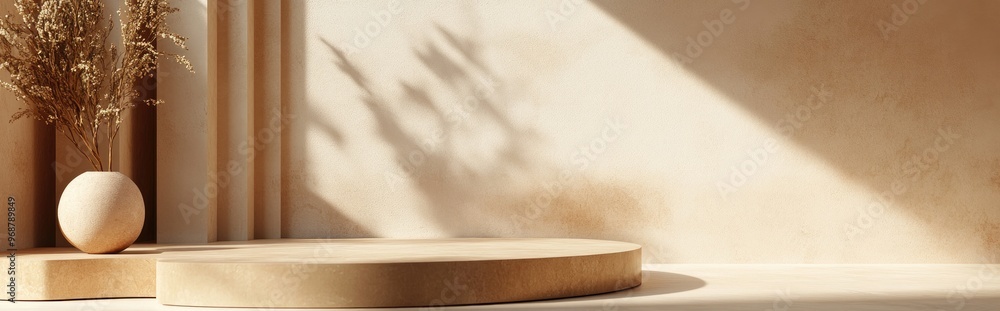 Poster Beige podium set in a minimalist style for mock up presentations featuring an abstract background design with ample copy space 3D render