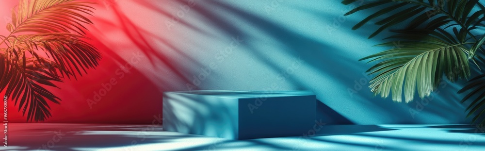 Poster product showcase stand with natural leaf shadows on a green backdrop 3d rendering
