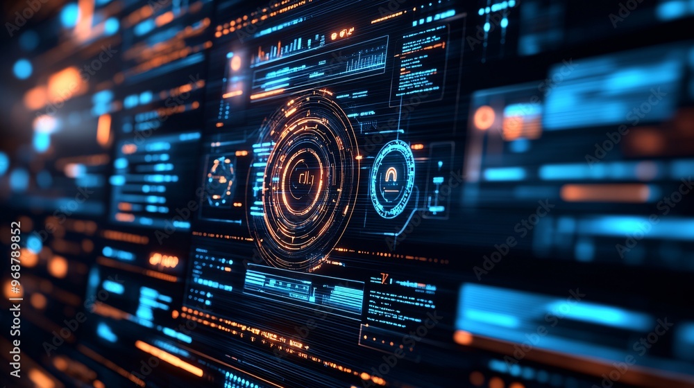 Aufkleber Holographic user interface with transparent data screens and touchable elements floating in a sleek digital environment representing futuristic tech interaction Large space for text in center Stock