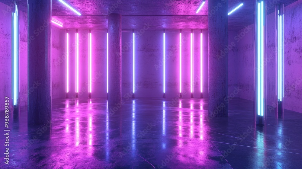 Poster modern empty stage in a reflective room featuring glowing purple and blue neon tubes 3d rendering