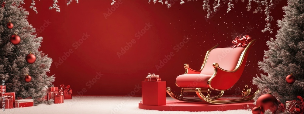 Poster christmas sale backdrop featuring a sleigh and podium on a red and white surface for product showcas