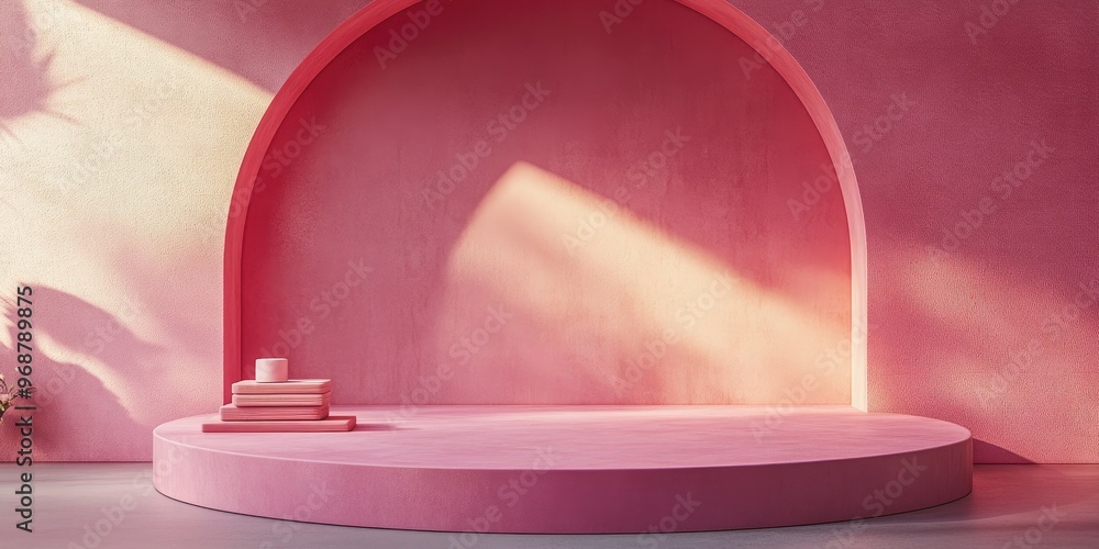 Aufkleber Minimalist backdrop for showcasing products featuring a stacked pink platform 3D rendering