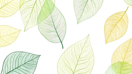 Fototapeta premium Green and Yellow Skeleton Leaves on White Background