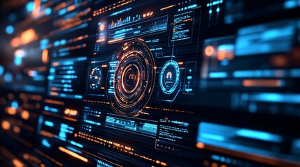 Obraz premium Holographic user interface with transparent data screens and touchable elements floating in a sleek digital environment representing futuristic tech interaction Large space for text in center Stock