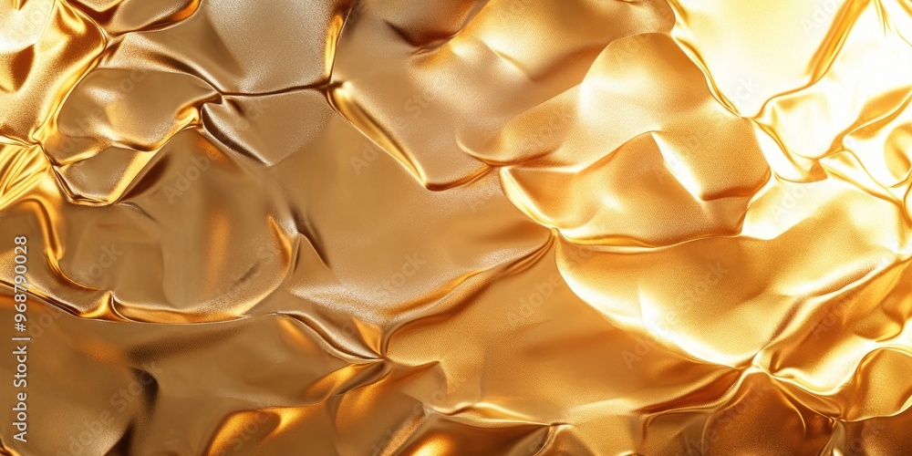 Poster Gold foil backdrop with light reflections Textured surface in golden hues 3D rendering Opulent shiny gold finish Metallic gold gradients