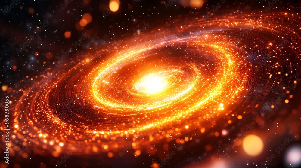 Poster Flowing energy lines and particles creating an abstract representation of quantum computing in a futuristic high-tech landscape Large space for text in center Stock photo with copy space