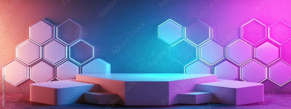 Poster Empty white hexagonal shelves and cube podium against a wall backdrop 3D rendering