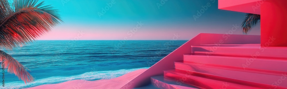 Aufkleber Summer beach setting featuring white stairs and palm tree shadows ideal for product presentation Abstract three dimensional summer landscape with a view of the ocean