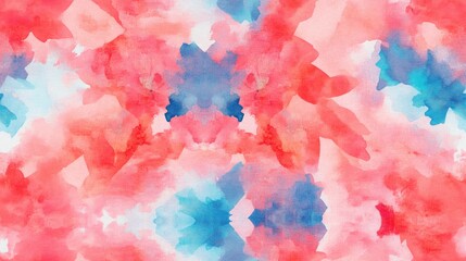 Fototapeta premium Red pink and blue watercolor kaleidoscopic seamless pattern for textiles surfaces fashion and interior design featuring an acrylic gouache background with a geometrical design