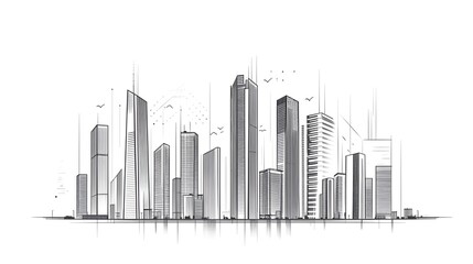 Fototapeta premium Hand Drawn Sketch of Modern City Skyline with Tall Buildings and Birds