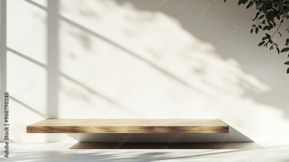 Poster a simple wooden board or tabletop is positioned against a white wall with sunlight creating shadows 