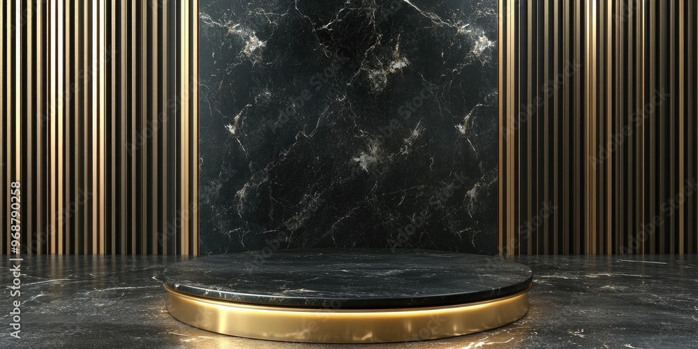 Aufkleber black and gold podium with a modern abstract design 3d rendered background illustration
