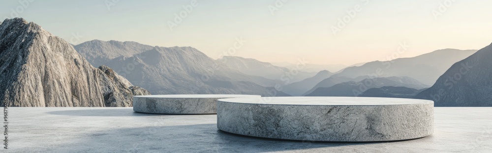 Aufkleber Abstract 3D rendering of a summer scene featuring a natural podium background with a stone podium set against a mountainous backdrop and clear sky ideal for product display and advertising design