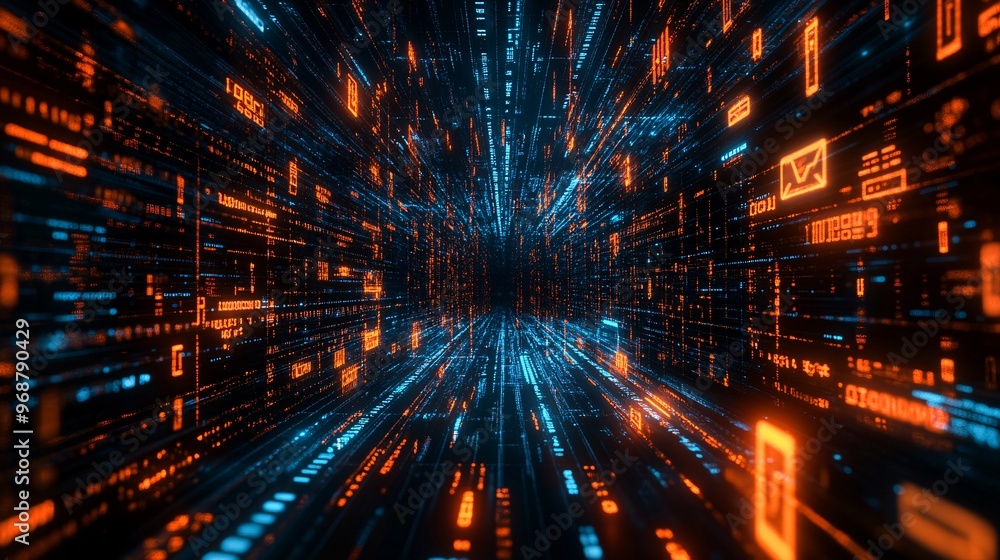 Aufkleber Cyber matrix with floating encrypted codes locks and shield icons representing cybersecurity and data protection futuristic tech background Large space for text in center Stock photo with copy space