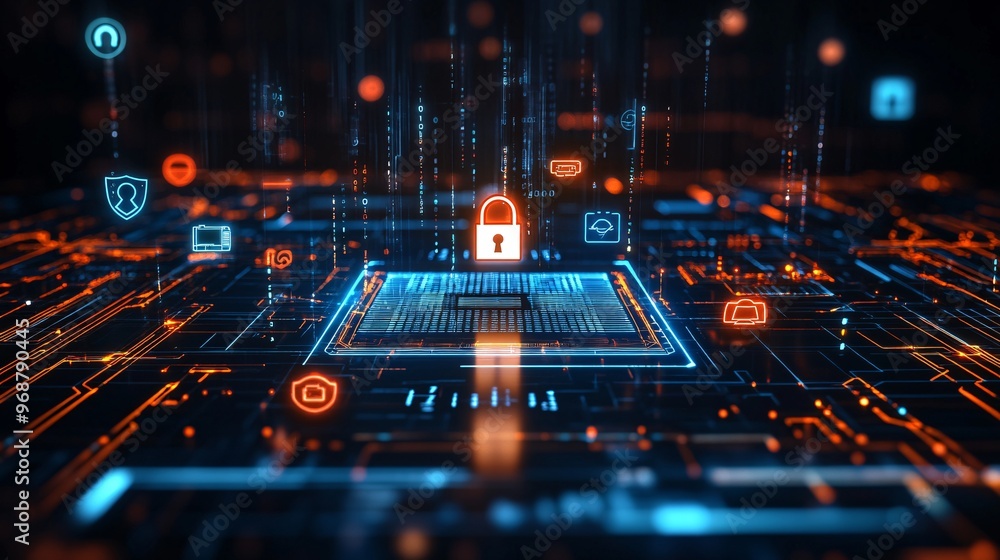 Aufkleber Cyber matrix with floating encrypted codes locks and shield icons representing cybersecurity and data protection futuristic tech background Large space for text in center Stock photo with copy space