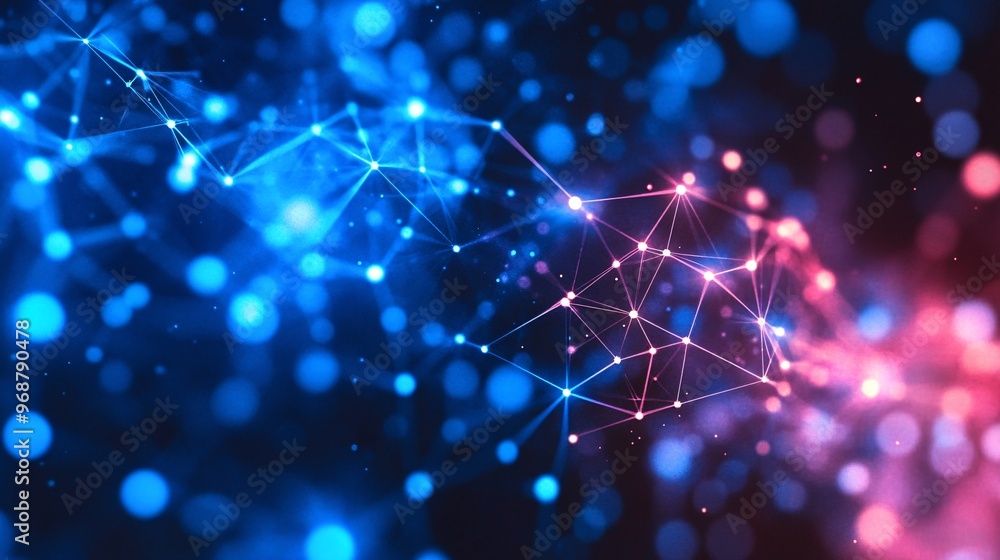 Poster Abstract digital grid with glowing lines and neon particles representing data flow and high-tech connectivity futuristic design Large space for text in center Stock photo with copy space