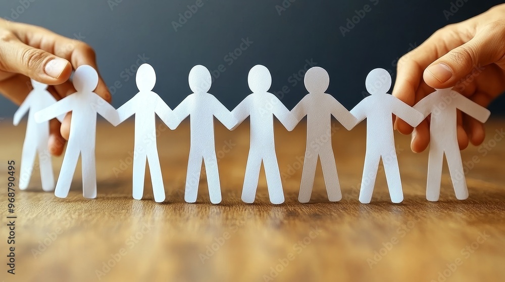Poster hands holding paper figures, symbolizing unity and teamwork in a conceptual imagery perfect for coll