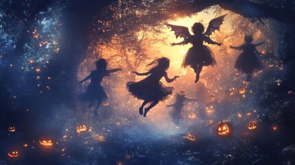 Fototapeta premium Silhouetted Children Flying Through Enchanted Forest with Jack-o'-Lanterns