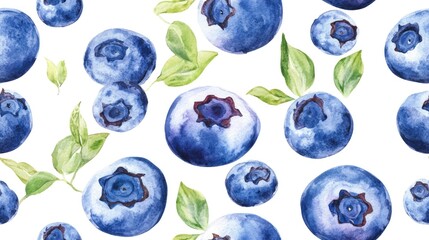 Seamless watercolor pattern featuring hand painted blueberries on a white background