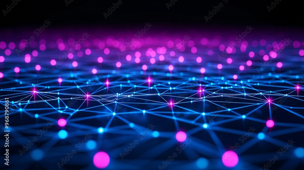 Aufkleber Neural network of glowing nodes interconnected with vibrant lines forming an abstract AI web futuristic tech concept Large space for text in center Stock photo with copy space