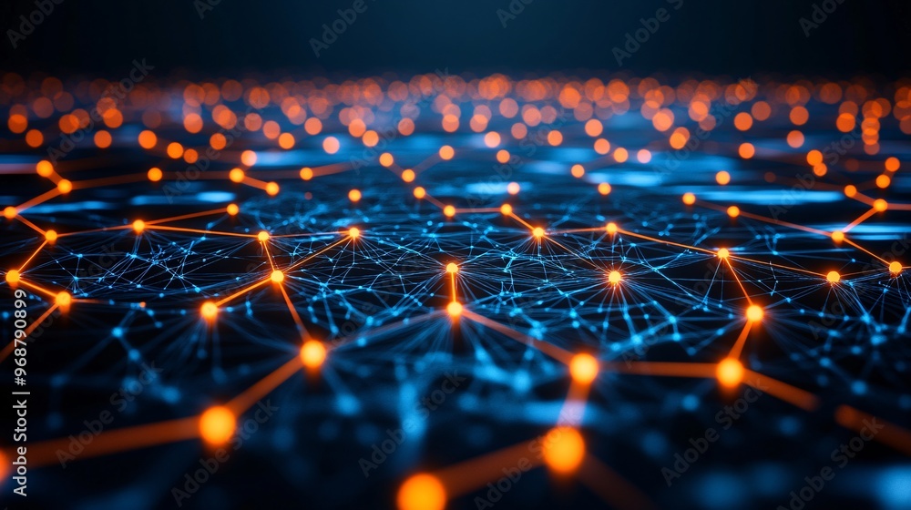 Poster Neural network of glowing nodes interconnected with vibrant lines forming an abstract AI web futuristic tech concept Large space for text in center Stock photo with copy space