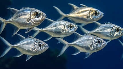 Fototapeta premium A school of silver fish swim in a tight formation in clear blue water.