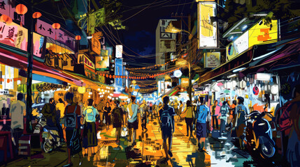 An artistic depiction of the bustling night market atmosphere on Yaowarat Road