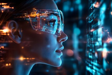 Woman with VR Headset Looking at Digital Data