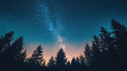 Naklejka premium The Aurora borealis dances across the sky casting green and purple rays of light, illuminating a natural landscape covered in trees